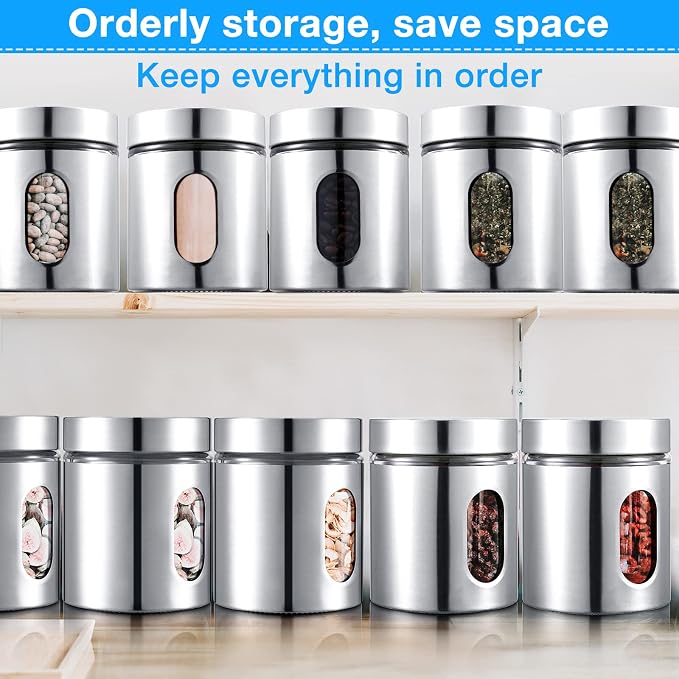 Mimorou 6 Pack Kitchen Canisters Set Airtight Coffee Sugar Tea Candy Storage Jars with Window Glass Stainless Steel Containers with Lids for Flour Cookies Spices Grains Kitchen Decorations(20 oz)