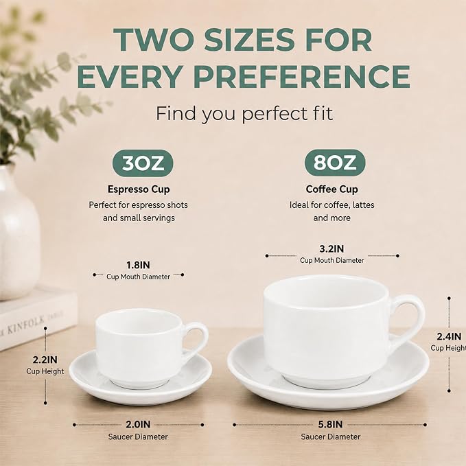 8 Ounce Cappuccino Cups Set of 4, White | Stackable Cappuccino Mugs, Includes Display Stand, Cups Saucers, and Spoons, for Machines & Home Use, Silver Stand