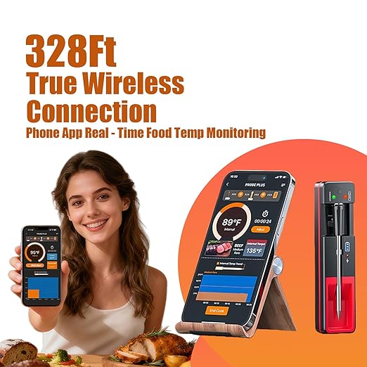 Meat Thermometer, Digital Bluetooth 500FT Wireless, Probe Lasts Up to 16 Hours, Dishwasher Safe, for BBQ/Oven/Grill/Kitchen/Smoker/Outside