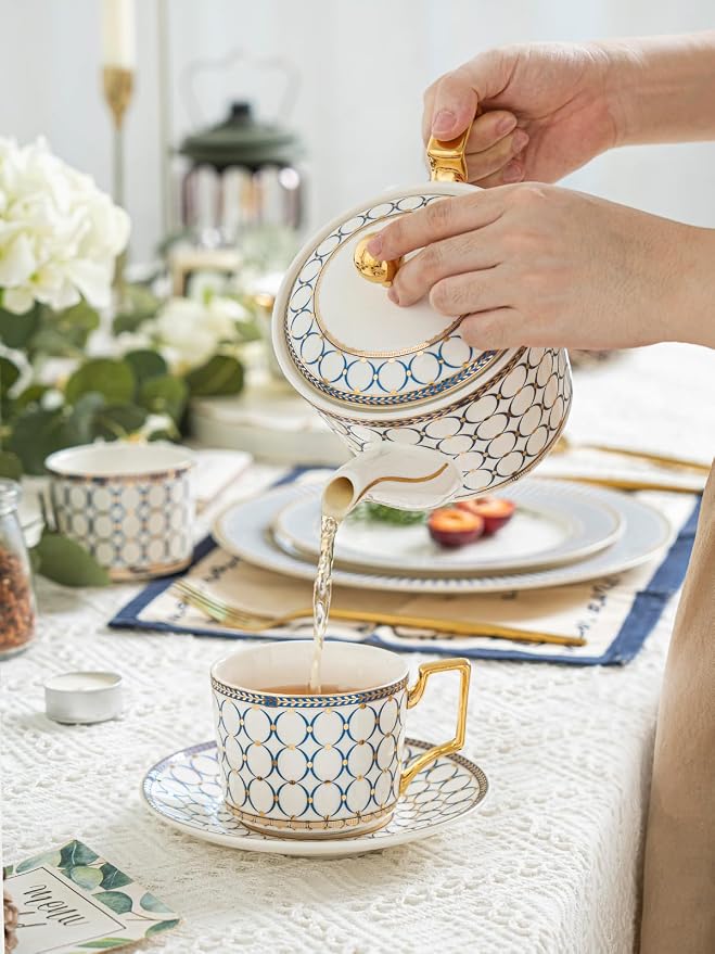 7 Oz Bone China Blue Tea Cup and Saucer Service for 4, Afternoon Porcelain Tea Set with Teapot, Tea Sets For Women Tea Party.