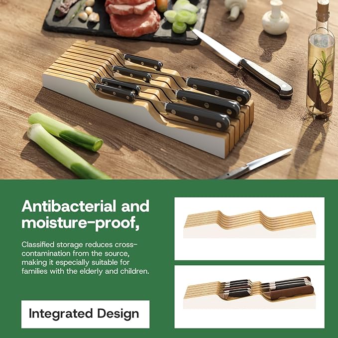Knife Drawer Organizer Insert, Bamboo Wood Knife Holder, Knife Block Holds Up To 11 Knives