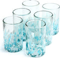 15 oz Hand Blown Mexican Drinking Glasses - Set of 6 tumblers, 15 fl oz each, Ocean Blue Confetti