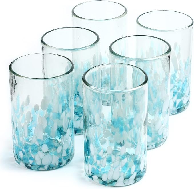 15 oz Hand Blown Mexican Drinking Glasses - Set of 6 tumblers, 15 fl oz each, Ocean Blue Confetti