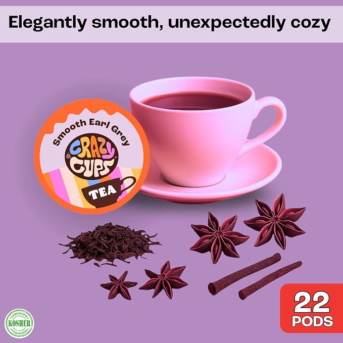 Crazy Cups Smooth Earl Grey Herbal Tea Pods, 22 Count | Caffeine Free, Kosher Certified Black Tea Blend with Licorice Root & Star Anise, K Cup Compatible, Bold Bergamot Flavor, Gluten Free, Vegan, Hot or Iced Tea