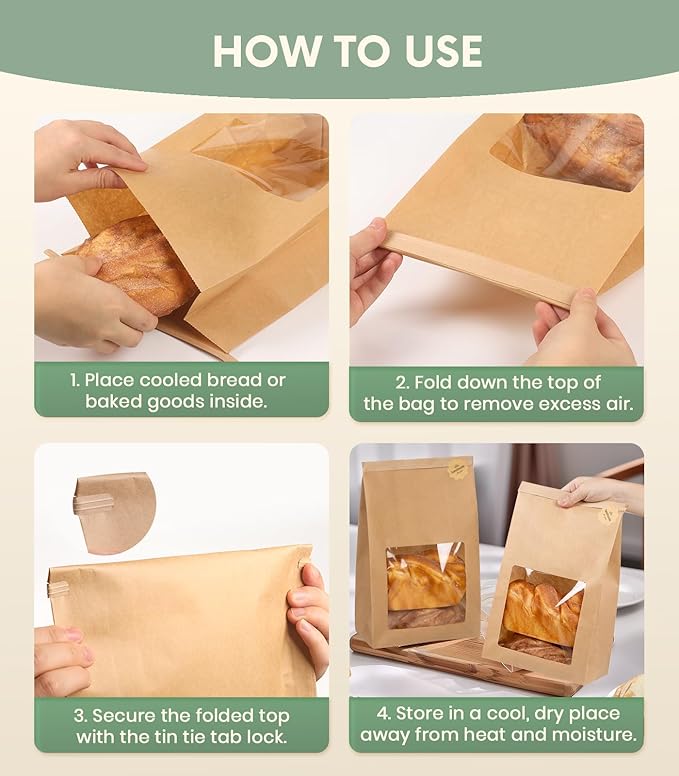 50 Pack Heavy Duty Sourdough Paper Bags Resealable with Window for Round Loaf Selling | Large Thick Kraft Brown Bags for Homemade Bread Gift Giving Sour Dough Packaging 13.6x8.3x4.1in