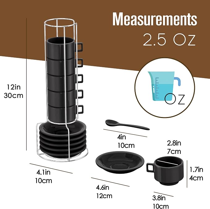 Houseables Espresso Cup Set, Espresso Cups Stackable, Expresso, Demitasse, with Saucers, Stand, Spoons, Coffee Mugs, Juego De Tazas Para Cafe, Porcelain, Stacking, 19 Pieces, Set of 6, 2.5 oz, Black