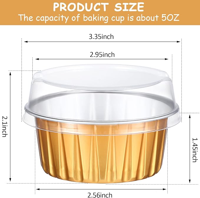 Thenshop 200 Pcs 5oz Mini Aluminum Baking Cups with Lid Disposable Loaf Cake Pans Birthday Wedding Party Foil Cupcake Tins Liner Crème BrûLée Ramekins Dessert Custard Pie Cheesecake Muffin Container
