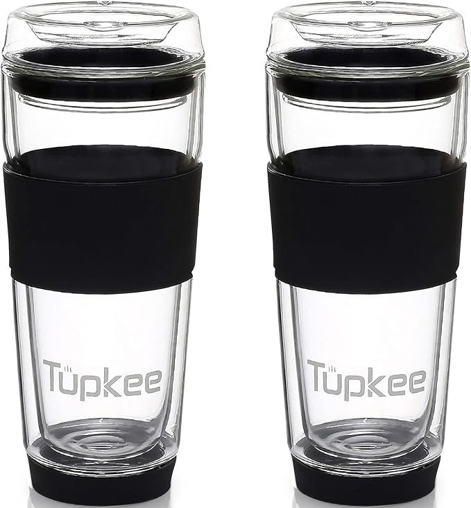Double Wall All Glass Tumbler - 14-Ounce, Reusable Insulated Tea/Coffee Mug & Lid, Hand Blown Glass Travel Mug - Black - 2 Pack
