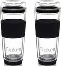 Double Wall All Glass Tumbler - 14-Ounce, Reusable Insulated Tea/Coffee Mug & Lid, Hand Blown Glass Travel Mug - Black - 2 Pack