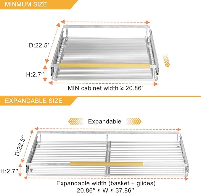 SANNO Pull Out Cabinet Organizer,Slide Out Cabinet Drawer Shelf Organizer, Bottom-Mounted shelf Organize for Home, Kitchen,Pantry, expandable width 20.86 to 37.86"