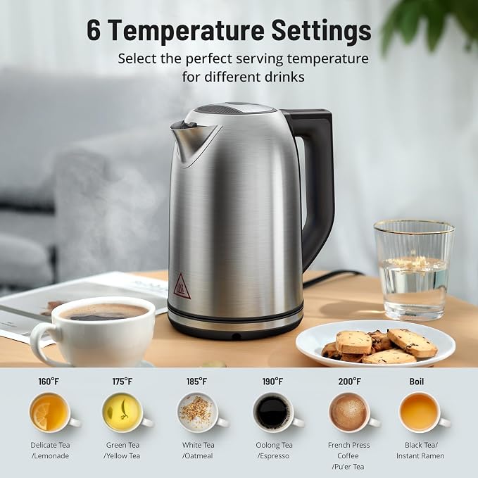 Electric Tea Kettle, 6 Precise Temperature Presets 1.7L Stainless Steel Electric Kettle Temperature Control,1500W Fast Boiling Hot Water for Oolong & Green Tea with Strix Control