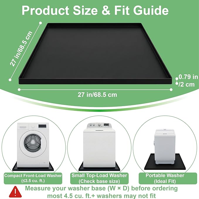 27x27 Inch Silicone Washing Machine Drain Pan – Fits Compact Washers up to 3.5 cu. ft., Waterproof Leak Protection Mat, Anti-Vibration Floor Protector, Black
