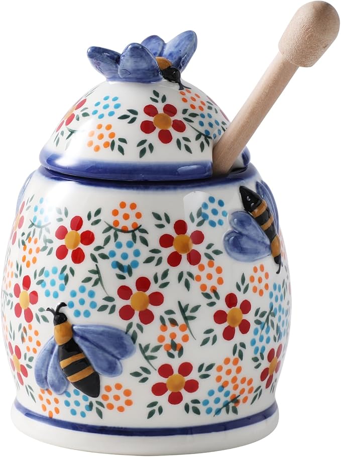 ZOOBEE 10oz Honey Jar with Dipper and Lid Farmhouse Style,Honey Pot with Dipper, Handpainted Honey Pot with Bees,Easily Wash-Spring Delight