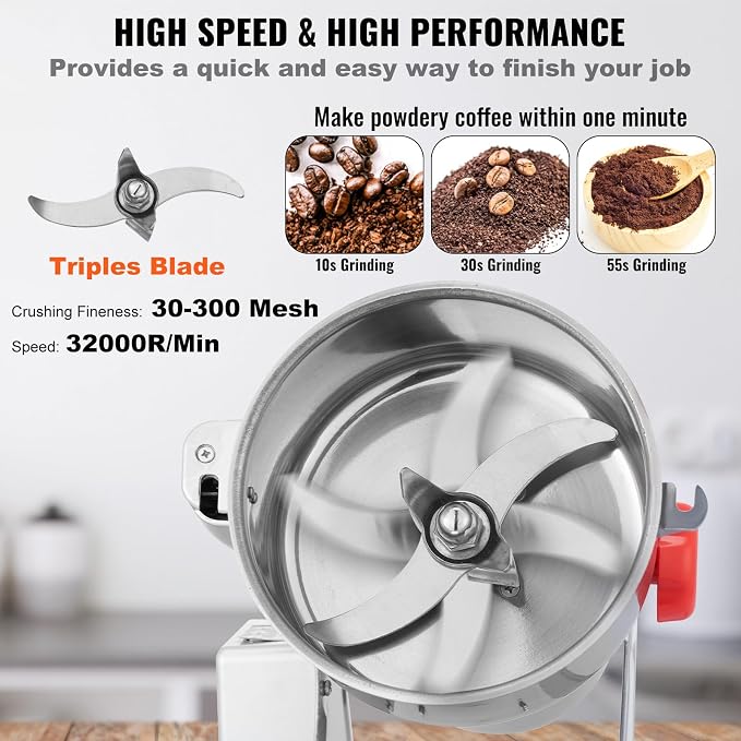 VEVOR 2000g Electric Grain Mill Grinder, High Speed 3400W Commercial Spice Grinders, Stainless Steel Pulverizer Powder Machine, for Dry Grains Spices Cereals Coffee Corn Pepper, Swing Type