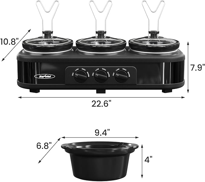 Sunvivi Triple Slow Cooker Buffet Servers and Warmer,3 Pot Food Small Mini Manual Slow Cooker with Adjustable Temp Stainless Steel Lid Rests,Removable Ceramic Pot, 3 * 1.5 Quarts Black