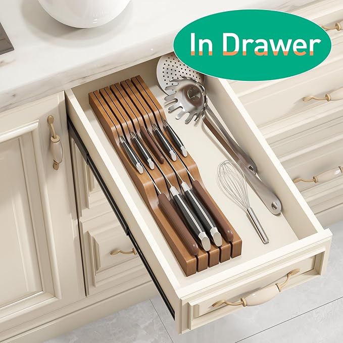 Knife Drawer Organizer, Bamboo Wood Knife Organizer Drawer Insert, Brown Knife Block Fit for 9 Knives
