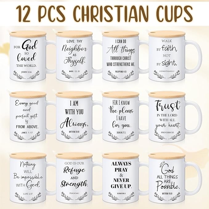 Didaey 12 Sets Christian Gifts Bulk Religious Coffee Mugs 12oz Bible Verses White Ceramic Cup with Lid Handle Spoon Inspirational Mug Church Gift for Men Coworker Employee Staff(Christian)
