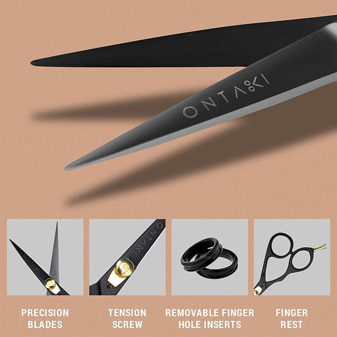 Ontaki Beard and Mustache Scissors for Men - 5.5 in, Black, Left Hand - 420C Japanese Steel Precise Sharp Blades - Complete Grooming Kit with Mustache Comb & Scissors Set