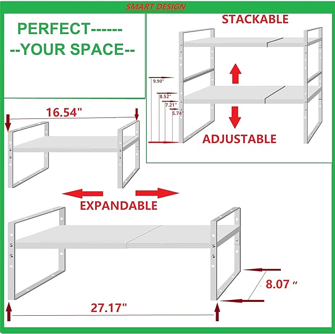 Jojocross Expandable Stackable Spice Rack Cabinet Shelf Organizer in Cabinets Shelves Kitchen Cupboard Organization Stack up Racks Pantry Countertop Storage Medium/White 1 Pack