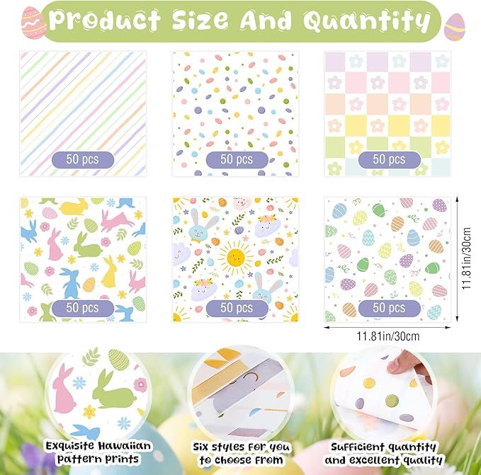 Reallnaive 300 Pcs Easter Wax Paper Sheets 12 x 12 Inch Egg Bunny Flower Parchment Deli Tissue Paper Sandwich Wrapping Sheets Food Basket Liners for Kitchen Restaurant Baking Supplies, 6 Styles