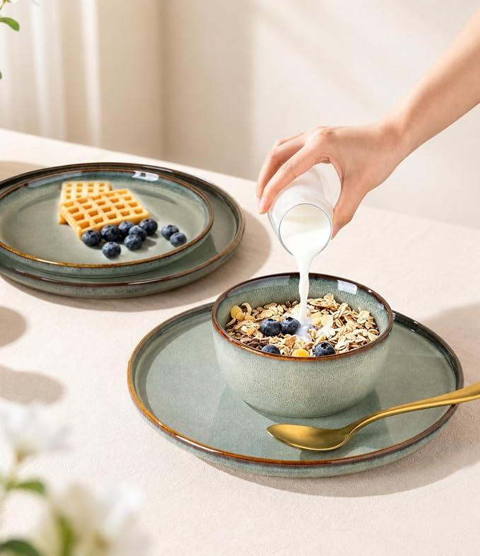 GBHOME Ceramic Dinnerware Sets for 4, 12 Pieces Stoneware Plates and Bowls Sets, Scratch Resistant Dishes, Dishwasher & Microwave Safe, Reactive Glaze