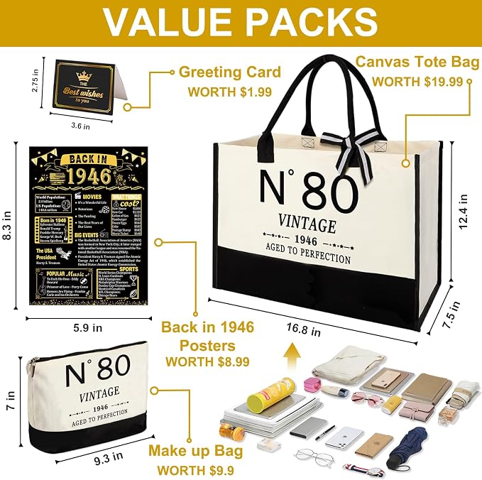 YeohJoy 80th Birthday Gifts for Women Canvas Tote Bag Travel Gear, Unique 80 Years Old Gifts for Wife Mom Sister Aunt Friends Her, Vintage N°80 Handbag & Cosmetic Bag & Back in 1946 Poster