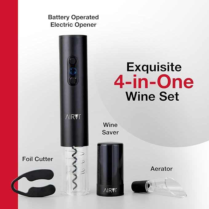 Electric Wine Opener Kit (4-Piece Set) - Includes Automatic Sealer Vacuum Pump, No-Spill Aerator Pourer Spout, and Foil Cutter – Premium Gifts, Accessories for Wine Lovers, Drinkers