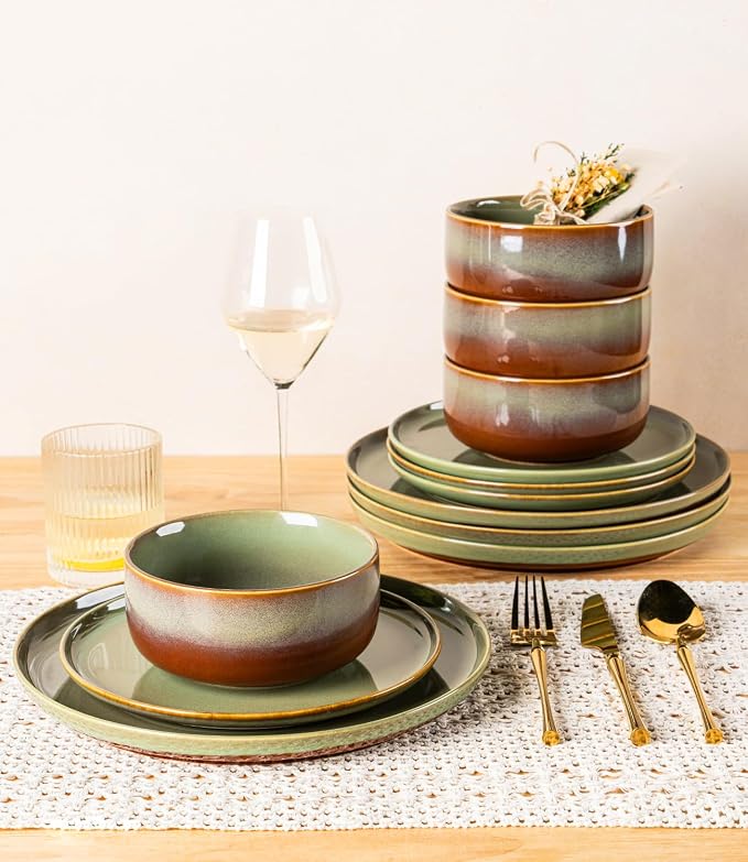 TheTerra Ceramic Dinnerware Sets for 6, 18 Pieces Handmade Reactive Glaze Plates and Bowls Set, Scratch Resistant Dish Set, Oven & Microwave & Dishwasher Safe, Sage Umber