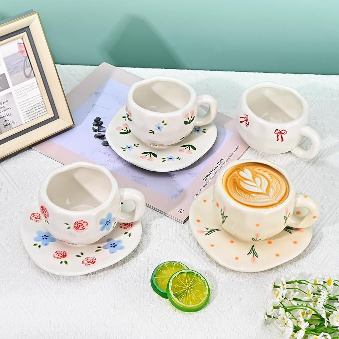 Koythin Ceramic Coffee Mug with Saucer Set, Cute Creative Red Rose Cup Unique Irregular Design for Office and Home, 10 oz/300 ml for Latte Tea Milk