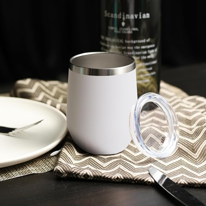DOMICARE Stainless Steel Wine Tumbler Bulk with Lid, Personalized White Insulated Tumblers Set, 12oz Travel Coffee Cups Pack of 1