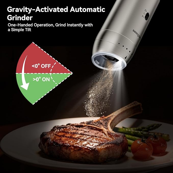 Electric Salt and Pepper Grinder Set, Dual-Speed Automatic Gravity Pepper Grinder with Charging Base, Adjustable Coarseness, LED Light, 5.95oz Large Capacity, Stainless Steel Spice Mill for Kitchen