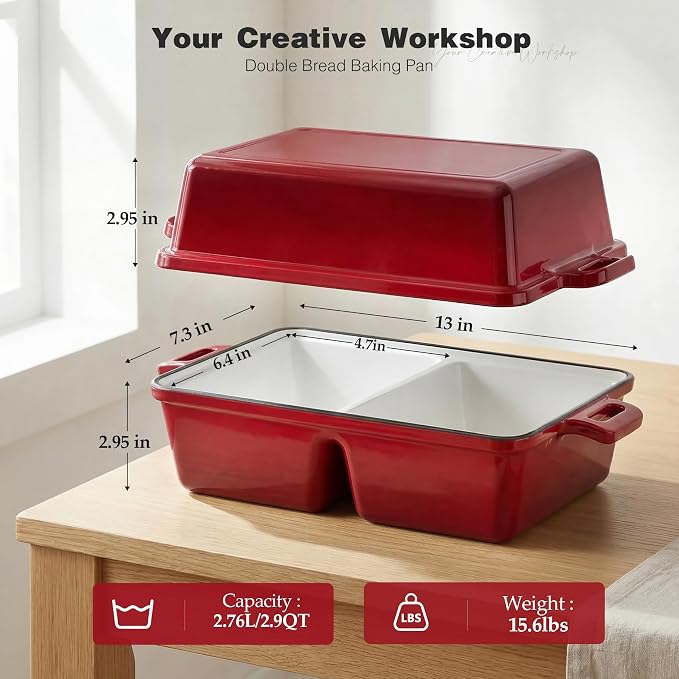 Double Dutch Oven for Sourdough Bread Baking,Enameled Cast Iron Dutch Oven with Lid,Double-Chamber Square Mini Sourdough Loaf Pan for Homemade Bread, Red(Patent Has Been Applied for)