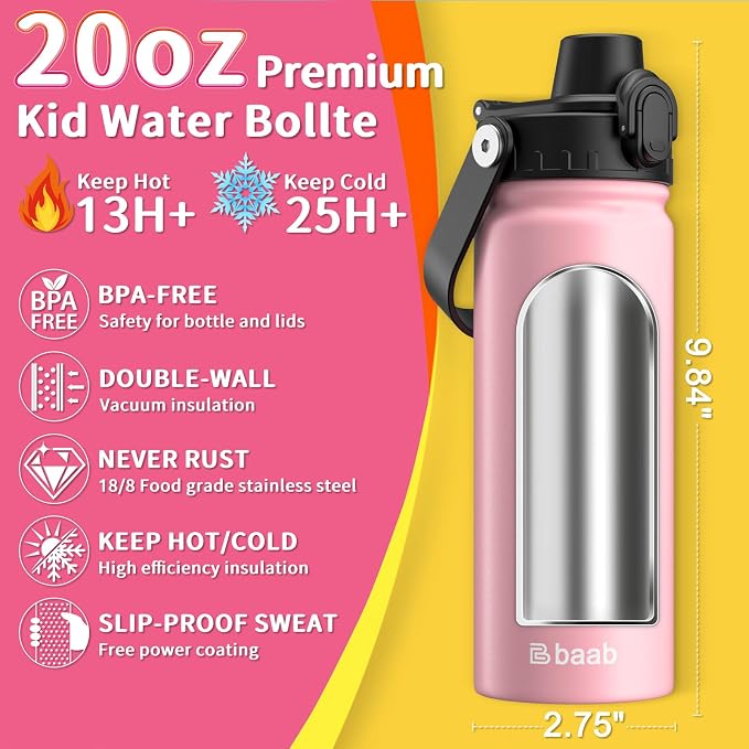 baab 20oz Kids Water Bottle, Insulated Kids Water Bottle with Lockable Spout Lid & Stickers, 18/8 Stainless Steel Vacuum Leakproof Kid Water Cup for Boy Girl & School (Pink+Mint Green, 2 Pack)