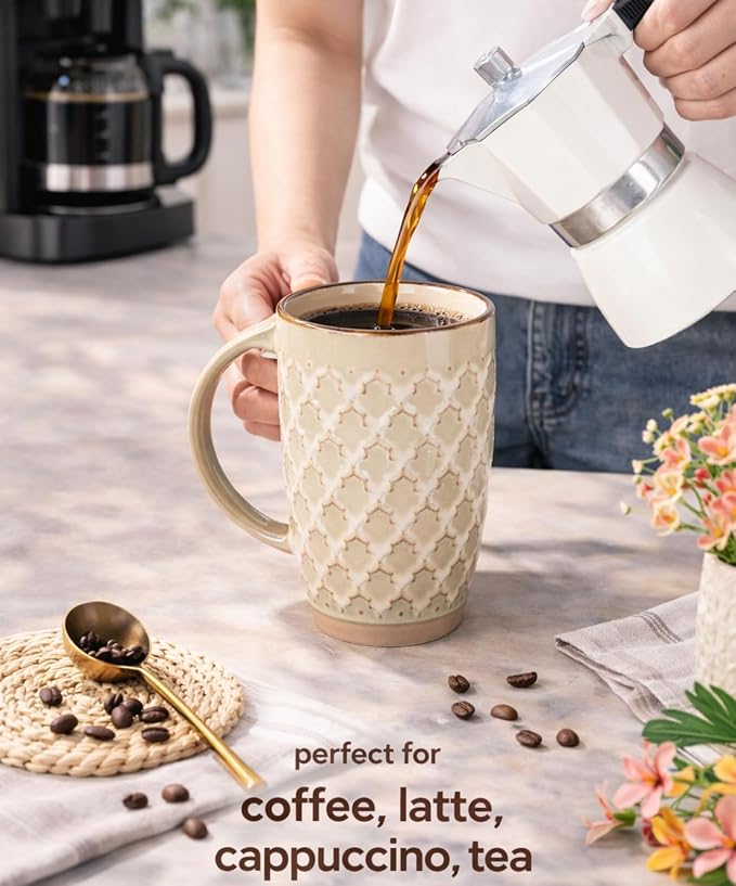 GBhome 20oz Large Coffee Mugs Set of 6, Handmade Tall Ceramic Coffee Mugs with Texture Patterns for Cappuccino, Latte,Hot Cocoa, Dishwasher & Microwave Safe-Pale Khaki