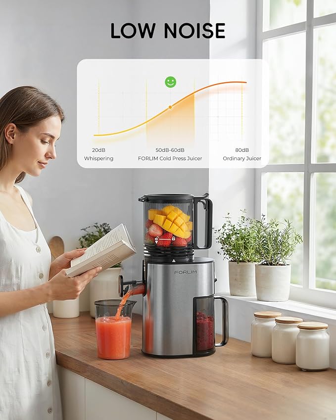 FORLIM Masticating Juicer with Extra-Wide 5.2" Feed Chute, Slow Cold Press Technology for Whole Fruits & Vegetables, BPA-Free & Easy Assembly, Maximum Nutrient Extraction Home Juicer, Metallic Silver