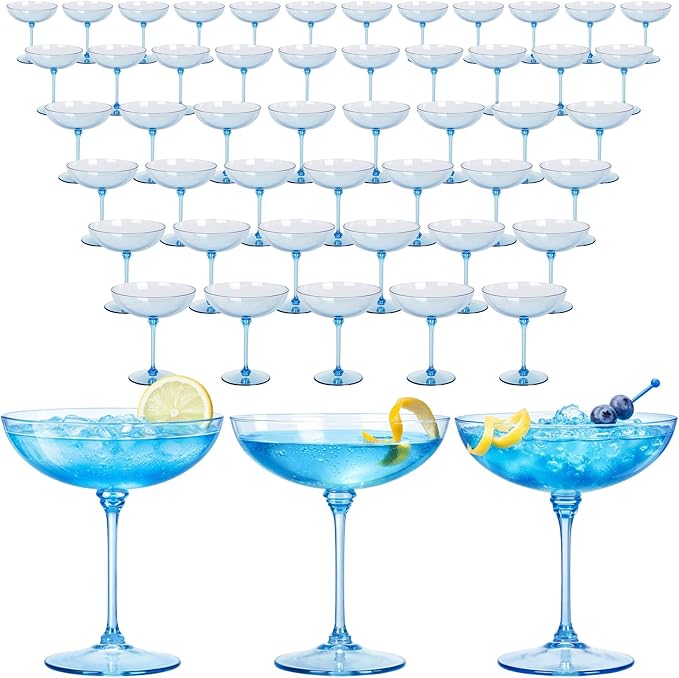 LemonRoad 48 Pcs Plastic Coupe Glasses 9 oz Disposable Martini Glasses for Cocktails, Champagne, Desserts and Espresso, Drinkware Set for Weddings, Birthday Parties, Home Bars (Blue)