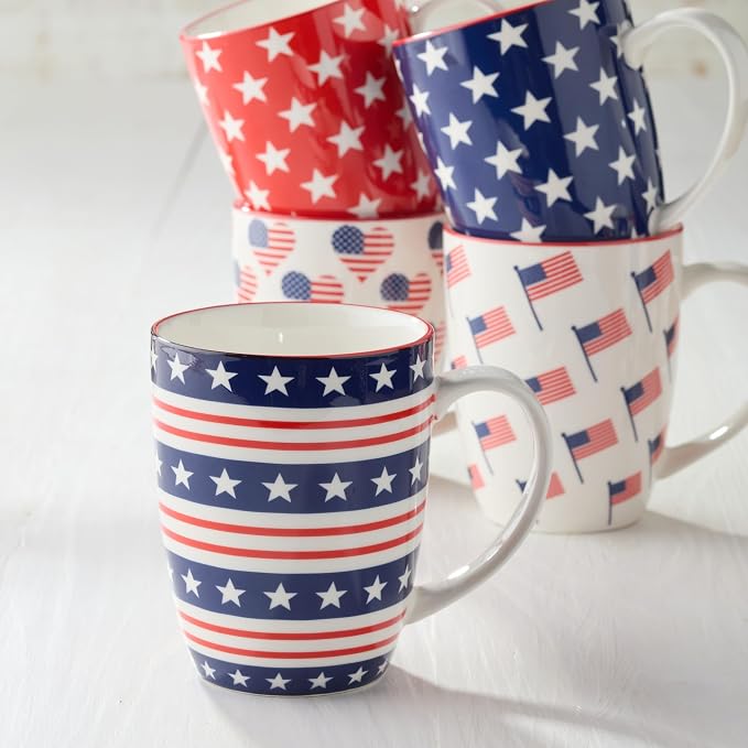 Patriotic Pad Print Porcelain MUGS SET of 6, 14 ounce red white and blue assorted star stripe and flag designs for coffee tea and festive everyday drinkware