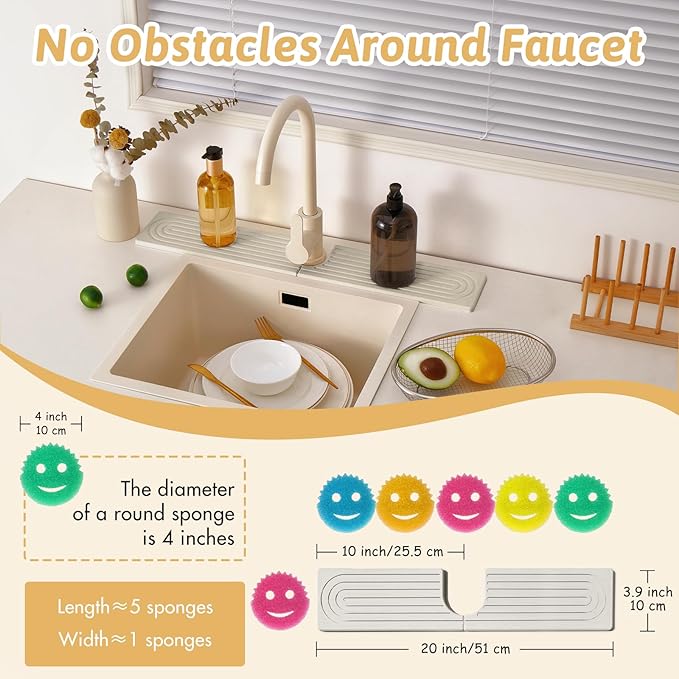 20'' Wider New Upgrade Faucet Mat for Kitchen Sink with U-Shape Hole, Super Fast Drying Diatomite Stone Mat, Sink Splash Guard Draining Mat Around Faucet for Island Countertops, Ash Grey