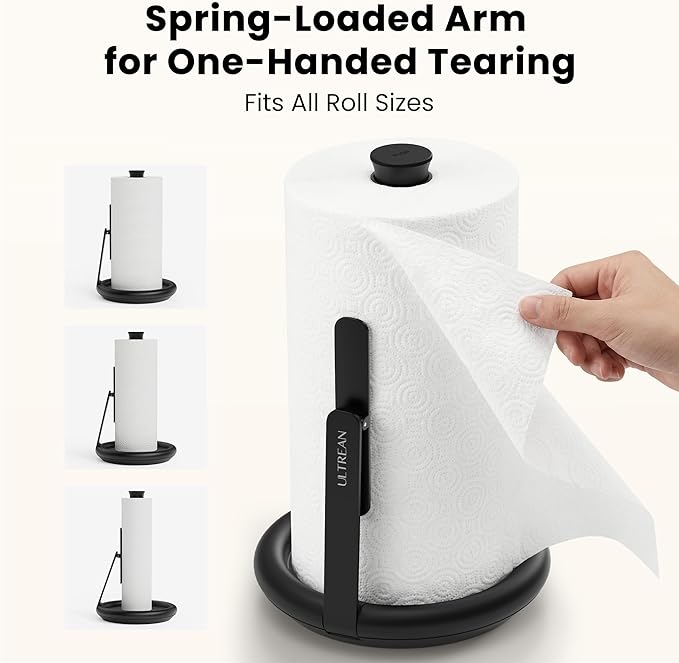 Ultrean Paper Towel Holder with Spray Bottle, Countertop Freestanding Paper Towel Dispenser with Spring-Loaded Tension Arm for One-Handed Tear, Weighted Base, Stainless Steel for Kitchen, Black