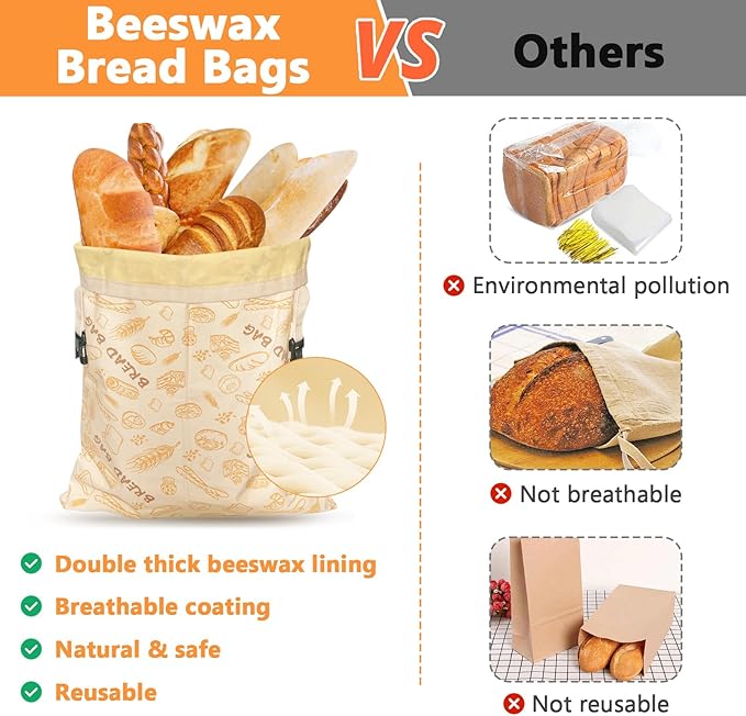 Reusable Pure Beeswax Bread Bags for Sourdough, Polyester Beeswax Dough Bags, 2 Packs Homemade Bread Storage and Bowl Cover