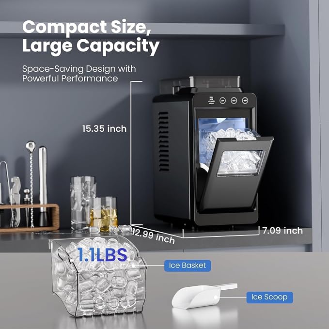 Electactic Countertop Ice Maker - 26Lbs/24H, 8 Cubes in 6 Mins, 1.2L Top Water Tank, 2 Sizes Bullet Ice, Auto-Clean & LED Light, Portable for Home Office Party