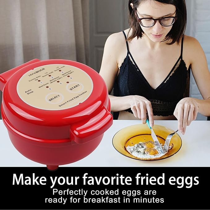 Hyvance Smart Fried Egg Cooker, Automatic Fried Egg Maker for 6 Features like Sunny Side Up, Over Easy, Fully Cooked & More. Auto Power Off, Alarm, Round Shape, Non Stick Coating (Red)