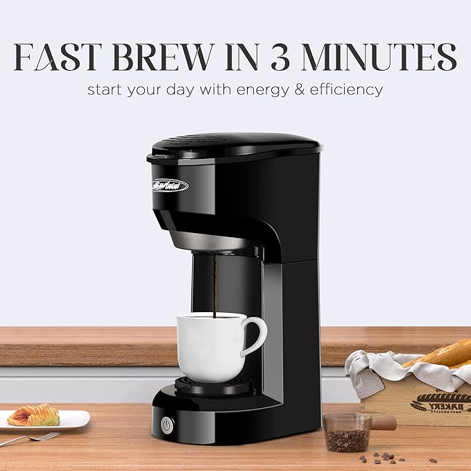SUNVIVI Coffee Maker, Single Serve Brewer for Single Cup, One Cup Coffee Maker With Permanent Filter, 6oz to 14oz Mug, One-touch Control Button with Illumination, Black (ETL Certified)