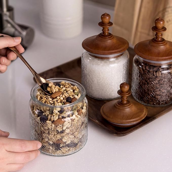 Suclain 6 Pack 17 oz Vintage Glass Jars with Wooden Crown Lids, Decorative Jars with Flower in the Window Pattern, Airtight Glass Food Storage Containers for Tea Coffee Spice Pantry Organization