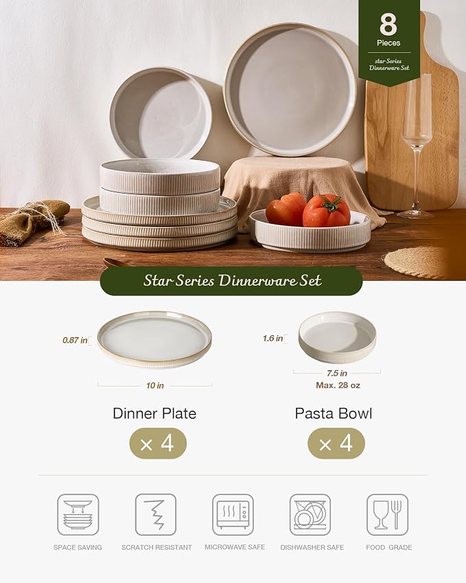 Famiware Star 8-Piece Stoneware Dinnerware Set for 4 – 23 oz Shallow Pasta Bowls and 10.5" Flat Dinner Plates, High Edge Dishes, Chip & Scratch Resistant, Microwave & Dishwasher Safe, Cappuccino White