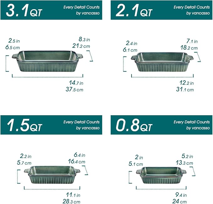 vancasso Ceramic Casserole Dishes for Oven, Reactive Glaze Bakeware Set of 4, Deep Rectangular Baking Dishes with Handles, Lasagna Pan Set, Microwave & Dishwasher Safe, Green (9.4"/11.1"/12.2"/14.7")