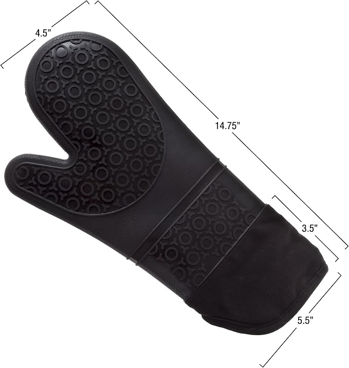 Silicone Oven Mitts – Extra Long Professional Quality Heat Resistant with Quilted Lining and 2-sided Textured Grip – 1 pair Black by Bedford Home