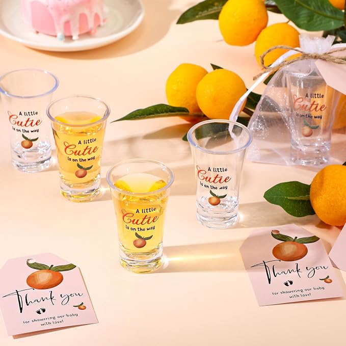 Pickmesh 25 Sets Little Cutie Baby Shower Shot Glasses for Guests Include Little Cutie Is on The Way Acrylic Shot Glasses Oranges Cards Bags for Gender Reveal Orange Theme Tangerine Party Supplies