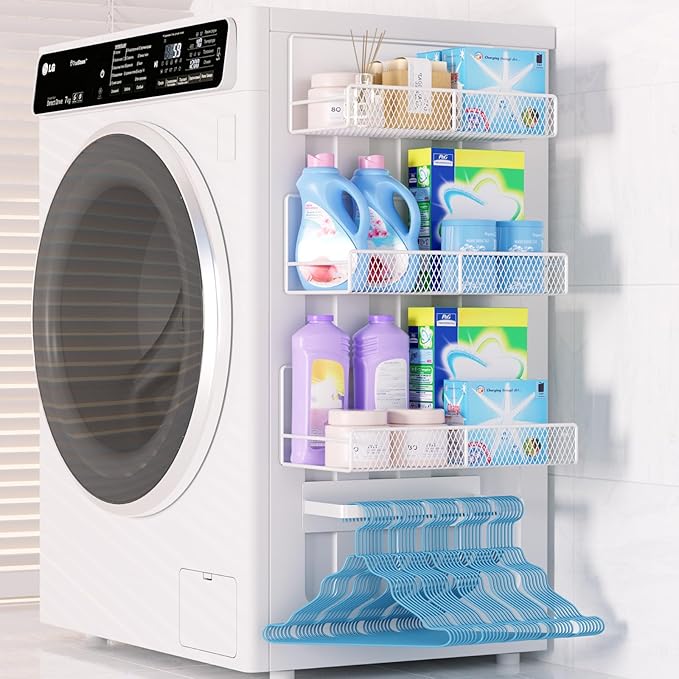 DTUQYX Magnetic Shelf for Washing Machine 4-Pack: Widen Magnetic Laundry Organizer (5"-6") with Hanger Organizer, Strong Magnet, Rust Proof, Heavy Duty Magnetic Spice Rack for Refrigerator (White)