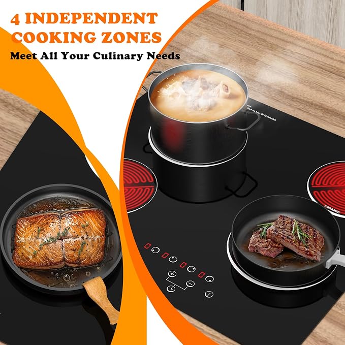 4 Burner Electric Cooktop, TOPWISH 24 Inch, Built-in Electric Stove Top, 220-240v Radiant Cooktop with Child Lock, Touch Control, Residual Heat Indicator, Overheat Protection, Hard Wire (No Plug) | 240V Electric Cooktop 4 Burner Kitchen Stoves, Radiant...